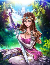 Rule 34 | 1girl, breasts, brown hair, castle, chromatic aberration, cleavage, dress, elbow gloves, gloves, highres, javier estrada, large breasts, leaf, light rays, looking at viewer, master sword, nintendo, pointy ears, princess zelda, reivash, sitting, solo, sunbeam, sunlight, sword, the legend of zelda, the legend of zelda: twilight princess, tiara, weapon