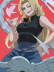 Rule 34 | 1girl, arm up, black shirt, blonde hair, chinese clothes, commentary, denim, from below, hand on own hip, heart, high-waist pants, highres, hime cut, jeans, jujutsu kaisen, long hair, one eye closed, open mouth, pants, red background, sekitan47, shirt, simple background, sleeveless, sleeveless shirt, smile, solo, tsukumo yuki (jujutsu kaisen)