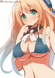Rule 34 | 10s, 1girl, 9law, atago (kancolle), bad id, bad pixiv id, bikini, bikini top only, blonde hair, breasts, green eyes, hat, kantai collection, large breasts, long hair, looking at viewer, simple background, solo, swimsuit, twitter username, white background