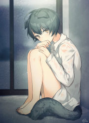 Rule 34 | androgynous, animal ears, bad id, bad pixiv id, black hair, dog ears, dog tail, gender request, hand on own knee, legs together, nagu, naked shirt, original, shirt, short hair, sitting, solo, tail, wet, wet clothes, wet shirt