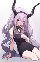 Rule 34 | 1girl, :|, absurdres, arknights, arm at side, arm support, bare shoulders, beudelb, black hairband, black horns, black leotard, blush, breasts, cleavage, cleavage cutout, closed mouth, clothing cutout, covered navel, cropped legs, fake horns, hair between eyes, hairband, hand on own chest, highres, horns, large breasts, leotard, long hair, looking at viewer, pink eyes, purple hair, sidelocks, solo, straight hair, typhon (arknights)