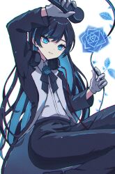 Rule 34 | 1girl, ado (utaite), arm up, black bow, black bowtie, black coat, black hair, black pants, black suit, blue eyes, blue flower, blue rose, bow, bowtie, cable, chando (ado), chromatic aberration, cloud nine inc, coat, colored inner hair, dress shirt, feet out of frame, flower, formal, gloves, grin, headphones, headphones around neck, highres, holding, holding cable, holding microphone, long hair, long sleeves, looking ahead, microphone, mole, mole under eye, multicolored hair, pant suit, pants, rose, shirt, shoes, smile, solo, squatting, suit, takayou, very long hair, white background, white gloves, white shirt