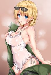 Rule 34 | 10s, 1girl, :d, bare shoulders, black-framed eyewear, blonde hair, blue eyes, blue gk, blush, braid, breasts, casual one-piece swimsuit, cleavage, collarbone, darjeeling (girls und panzer), eyewear on head, frilled swimsuit, frills, girls und panzer, groin, highres, jewelry, large breasts, looking at viewer, necklace, one-piece swimsuit, open clothes, open mouth, over-rim eyewear, pendant, pink background, see-through, semi-rimless eyewear, shiny skin, short hair, side-tie swimsuit, smile, solo, standing, steaming body, strap gap, sunglasses, sweat, swimsuit, swimsuit under clothes, tareme, undressing, wet, wet clothes, wet swimsuit, white one-piece swimsuit