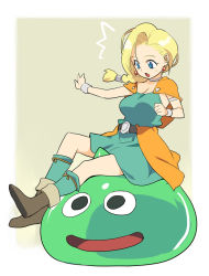 Rule 34 | 1girl, :o, ^^^, armlet, belt, between legs, bianca (dq5), black eyes, blonde hair, blue eyes, boots, bracelet, braid, breasts, cape, cleavage, colored skin, dragon quest, dragon quest v, dress, earrings, floating hair, green skin, hair over shoulder, hair tubes, jewelry, kneehighs, large breasts, long hair, looking down, monster, neck ring, nora higuma, on head, open mouth, outstretched arm, person on head, profile, ribbon, short dress, simple background, single braid, sitting, sitting on head, sitting on person, slime (dragon quest), slime knight, smile, socks, solo, straddling, surprised, sweatdrop