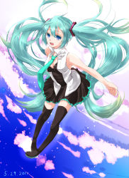 Rule 34 | 1girl, aqua hair, blue eyes, boots, cloud, female focus, ginshachi, gradient background, hatsune miku, highres, long hair, necktie, open mouth, outdoors, skirt, sky, solo, thigh boots, thighhighs, twintails, very long hair, vocaloid
