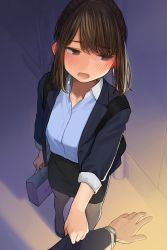 Rule 34 | 1girl, backpack, bag, blue shirt, blush, brown hair, clothes grab, douki-chan (douki-chan), dress shirt, earrings, ganbare douki-chan, highres, jewelry, looking away, office lady, pantyhose, pencil skirt, pov, shirt, shirt tucked in, shopping bag, skirt, sleeve grab, sleeves rolled up, solo focus, yomu (sgt epper)