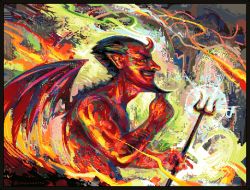Rule 34 | 1boy, beard, black hair, colored skin, demon, demon horns, demon wings, facial hair, from side, grin, highres, holding, horns, jumpanaatta, looking at viewer, male focus, multicolored background, mustache, original, pointy ears, polearm, red eyes, red skin, red wings, short hair, smile, solo, trident, upper body, weapon, wings