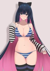 Rule 34 | 1girl, bare shoulders, bikini, black bow, black thighhighs, blue bikini, blue eyes, blue hair, blunt bangs, blush, bow, breasts, closed mouth, collarbone, colored inner hair, cowboy shot, detached sleeves, grey background, hair bow, hand up, highres, large breasts, long hair, looking at viewer, multicolored hair, navel, panty &amp; stocking with garterbelt, pantyhose, pink hair, sanukiske, simple background, smile, solo, stocking (psg), stomach, striped bikini, striped clothes, striped pantyhose, striped sleeves, striped thighhighs, swimsuit, thigh gap, thighhighs, thighs, two-tone hair, very long hair