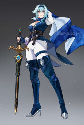 Rule 34 | 1girl, absurdres, alternate costume, belt, black belt, blue cape, blue footwear, blue gloves, blue hair, blue hairband, blue shirt, boots, breasts, brown eyes, cape, cleavage, cleavage cutout, clothing cutout, commentary, eula (genshin impact), fingerless gloves, full body, genshin impact, gloves, hairband, high heel boots, high heels, highres, holding, holding sword, holding weapon, jhorliearts, leggings, looking at viewer, medium breasts, pants, shirt, short hair, solo, standing, sword, thigh boots, thigh strap, thighs, weapon, white pants