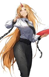 Rule 34 | 1girl, black necktie, black pants, blonde hair, breasts, chain, collared shirt, cuffs, cup, highres, holding, holding cup, horns, hoshiguma yuugi, large breasts, long hair, long sleeves, necktie, oni horns, pants, pocche-ex, red eyes, red horns, sakazuki, shirt, simple background, single horn, solo, touhou, white background, white shirt