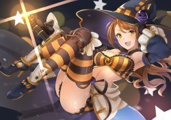 Rule 34 | 10s, 1girl, armpits, bare shoulders, beatrix (granblue fantasy), breasts, brown eyes, brown hair, bustier, cape, detached collar, detached sleeves, frills, full body, granblue fantasy, halloween, hat, hat ornament, high heels, large breasts, long hair, looking at viewer, luse maonang, open mouth, shorts, smile, solo, star (symbol), striped clothes, striped thighhighs, thighhighs, witch hat