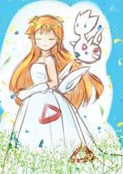 Rule 34 | 1girl, absurdres, creatures (company), dress, flower, game freak, gen 2 pokemon, highres, long hair, misty (pokemon), nintendo, orange hair, pokemon, pokemon (anime), pokemon (classic anime), simple background, solo, togetic, veil, wavy hair, wedding dress, white dress, wings