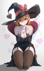 Rule 34 | 1girl, absurdres, black dress, black hat, blue eyes, bow, breasts, brown thighhighs, cleavage, dress, garter straps, hat, hat bow, hat ornament, heart, heart hands, heart hat ornament, highres, large breasts, looking at viewer, momaetoto, orange hair, original, solo, thighhighs, valentine, witch, witch hat