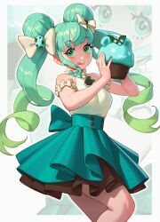 Rule 34 | 1girl, absurdres, bare shoulders, blush, bow, bowtie, breasts, brown skirt, gradient hair, green eyes, green hair, green skirt, hair ornament, hatsune miku, highres, holding, long hair, medium breasts, multicolored clothes, multicolored hair, multicolored skirt, riz, skirt, smile, solo, tongue, tongue out, very long hair, vocaloid