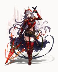 Rule 34 | 1girl, absurdres, arm armor, armor, belt, black shorts, breasts, clothing cutout, elran, full body, gauntlets, grey hair, highres, holding, holding weapon, long hair, looking at viewer, medium breasts, navel, navel cutout, original, polearm, red armor, shadow, sharp teeth, sheath, sheathed, short shorts, shorts, shoulder armor, smile, solo, spear, sword, teeth, thighhighs, very long hair, weapon, white background