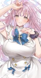 Rule 34 | 1girl, armpits, arms up, blue archive, blush, bow, bowtie, breasts, capelet, dress, highres, large breasts, looking at viewer, mika (blue archive), pink hair, scrunchie, simple background, smile, solo, tarou (komekueyo), white background, white capelet, white dress, wrist scrunchie