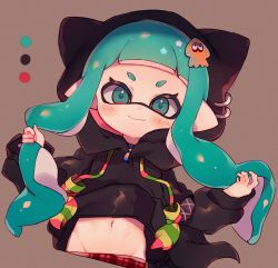 Rule 34 | 1girl, animal hood, black jacket, black shirt, blunt bangs, blush, brown background, cat hood, closed mouth, clothes lift, color guide, commentary request, cropped torso, drawstring, emblem, green eyes, green hair, groin, hair ornament, highres, holding, holding own hair, hood, hoodie, inkling, inkling girl, inkling player character, jacket, light blush, long hair, long sleeves, looking at viewer, mask, navel, nintendo, open clothes, open jacket, pointy ears, riku (ururi7610), shirt, shirt lift, smile, solo, squid, star (symbol), star hair ornament, stomach, upper body