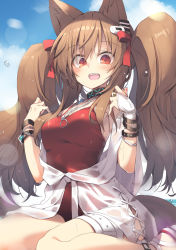 Rule 34 | 1girl, angelina (arknights), angelina (summer flower) (arknights), animal ears, arknights, blush, bracelet, brown hair, fox ears, fox girl, highres, infection monitor (arknights), jewelry, long hair, official alternate costume, open mouth, red eyes, satou kibi, solo, swimsuit, swimsuit cover-up, twintails