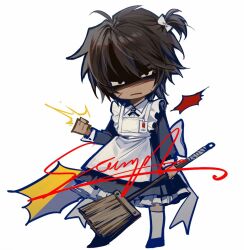 Rule 34 | 1boy, angry, apron, back bow, black dress, bow, broom, brown hair, chibi, closed mouth, collared shirt, cross tie, dark-skinned male, dark skin, dress, full body, g7cdpdto2i6hot6, hair bow, heathcliff (project moon), holding, holding broom, limbus company, long sleeves, looking at viewer, male focus, one side up, project moon, puffy long sleeves, puffy sleeves, sample watermark, shaded face, shirt, simple background, socks, solo, watermark, white apron, white background, white bow, white shirt, white socks