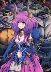 Rule 34 | 1girl, armor, aura (sousou no frieren), balance scale, batchgooya, breasts, cleavage, clothing cutout, demon horns, elbow gloves, foreshortening, gloves, headless, highres, holding, holding sword, holding weapon, horns, medium breasts, navel, navel cutout, purple eyes, purple hair, solo, sousou no frieren, standing, sword, weapon, weighing scale