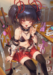Rule 34 | 1girl, bikini, bikini top only, black bikini, black collar, black hair, black thighhighs, breasts, chair, classroom, collar, commentary request, crime prevention buzzer, desk, fang, hair ribbon, highres, indoors, katana, looking at viewer, magatama, navel, open mouth, original, red eyes, red ribbon, red skirt, ribbon, school desk, shoes, shuru y, sitting, skin fang, skirt, small breasts, smile, solo, swimsuit, sword, thighhighs, twintails, weapon, white background, yin yang