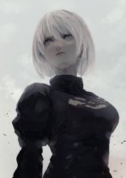 Rule 34 | 1girl, absurdres, black dress, breasts, closed mouth, dress, grey background, grey eyes, hair between eyes, highres, juliet sleeves, long sleeves, looking away, medium breasts, misaki nonaka, mole, mole under mouth, nier:automata, nier (series), no blindfold, puffy sleeves, short hair, solo, upper body, white hair, 2b (nier:automata)