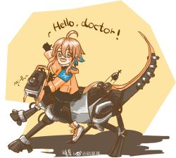 Rule 34 | ahoge, arknights, blonde hair, happy, highres, jacket, mayer (arknights), meeboo (arknights), open mouth, orange jacket, otter tail, riding machine, tail, thighhighs, waving arm