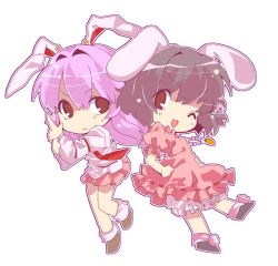 Rule 34 | 2girls, akira unoie, animal ears, armband, black hair, carrot, chibi, dress, dress shirt, frown, hand on own hip, inaba tewi, index finger raised, jewelry, light purple hair, long hair, long sleeves, looking at viewer, multiple girls, one eye closed, open mouth, outline, pendant, pleated skirt, puffy short sleeves, puffy sleeves, rabbit ears, red eyes, reisen udongein inaba, shirt, short hair, short sleeves, simple background, skirt, tie clip, touhou, white background, wink