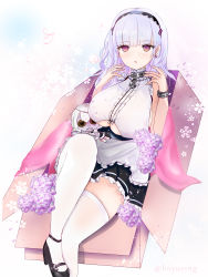 Rule 34 | 1girl, anchor choker, apron, artist name, azur lane, bare shoulders, black footwear, black hairband, black skirt, box, breasts, center frills, character doll, clothing cutout, collar, dido (azur lane), earrings, frilled shirt, frills, from above, hairband, highres, hoyuring, huge breasts, in box, in container, jewelry, long hair, looking at viewer, maid, metal collar, miniskirt, shirt, shoes, skirt, sleeveless, sleeveless shirt, thighhighs, underboob, underboob cutout, waist apron, white apron, white shirt, white thighhighs, zettai ryouiki