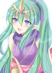Rule 34 | 1girl, bare shoulders, blue eyes, breasts, dress, fire emblem, fire emblem: mystery of the emblem, fire emblem engage, green hair, hair ribbon, highres, kirishima riona, long hair, nintendo, open mouth, pointy ears, ponytail, purple dress, purple ribbon, ribbon, small breasts, smile, solo, tiara, tiki (fire emblem), tiki (young) (fire emblem), very long hair