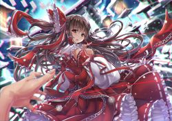 Rule 34 | 1girl, bow, brown eyes, brown hair, chromatic aberration, detached sleeves, embellished costume, fingernails, frilled skirt, frills, hair bow, hair tubes, hakurei reimu, highres, kantarou (nurumayutei), long sleeves, looking at viewer, looking back, ofuda, outdoors, pov, pov hands, ribbon-trimmed skirt, ribbon-trimmed sleeves, ribbon trim, skirt, snow, snowing, solo focus, string, string of fate, tears, torii, touhou, upper body