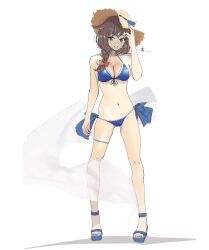 Rule 34 | 1girl, absurdres, aqua eyes, bikini, blue bikini, braid, breasts, brown hair, front-tie bikini top, front-tie top, full body, hair over shoulder, hair ribbon, hat, highres, kantai collection, long hair, medium breasts, official alternate costume, red ribbon, ribbon, sandals, shigure (kancolle), shigure kai san (kancolle), side-tie bikini bottom, single braid, solo, standing, straw hat, sun hat, swimsuit, tada (tactical tada), white background