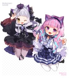 Rule 34 | 2girls, ;d, absurdres, animal ear fluff, animal ears, arm up, black bow, black capelet, black dress, black ribbon, blue bow, blue bowtie, blue hair, blue sailor collar, blue skirt, blush, bow, bowtie, braid, capelet, cat ears, cat girl, cat tail, commentary request, crown, dress, fangs, frilled dress, frilled sleeves, frills, fur-trimmed capelet, fur trim, hair ribbon, highres, hololive, jacket, long hair, long sleeves, looking at viewer, minato aqua, minato aqua (sailor), multiple girls, murasaki shion, murasaki shion (gothic lolita), noi mine, one eye closed, open mouth, pantyhose, pink hair, purple eyes, ribbon, sailor collar, shirt, short eyebrows, silver hair, simple background, skin fangs, skirt, smile, tail, tail bow, tail ornament, twin braids, twintails, virtual youtuber, white jacket, white shirt, wide sleeves, yellow eyes