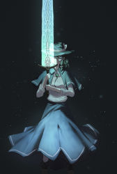 Rule 34 | 1girl, absurdres, bad id, bad pixiv id, bow, brown hair, capelet, dress, glowing, glowing sword, glowing weapon, hat, highres, holding, holding sword, holding weapon, jewelry, lfacras, looking at viewer, moonlight greatsword, pendant, short hair, solo, sword, touhou, transparent weapon, usami renko, weapon