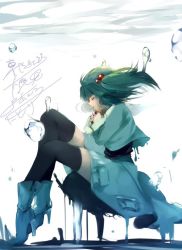 Rule 34 | 1girl, bad id, bad pixiv id, black thighhighs, blue footwear, blue hair, boots, bubble, daimaou ruaeru, closed eyes, hair bobbles, hair ornament, high heel boots, high heels, kawashiro nitori, own hands clasped, own hands together, shirt, skirt, solo, thighhighs, touhou, twintails, two side up, underwater, zettai ryouiki