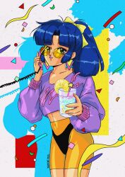 Rule 34 | 1980s (style), 1girl, 2022, artist name, bendy straw, black panties, blue eyes, blue hair, bow, cable, collarbone, commentary, cropped sweater, cup, drinking glass, drinking straw, earrings, english commentary, food, fruit, hair behind ear, hair bow, highres, holding, holding cup, holding phone, ice, ice cube, jewelry, lemon, lemon slice, looking at viewer, mizucat, oldschool, open mouth, orange shorts, original, panties, parted bangs, phone, ponytail, purple sweater, retro artstyle, round eyewear, shorts, smile, solo, sweater, triangle earrings, underwear, yellow bow