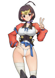Rule 34 | 10s, 1girl, bandaged leg, bandages, blue ribbon, bob cut, breasts, brown hair, cameltoe, choker, closed mouth, collarbone, contrapposto, corset, cowboy shot, feet out of frame, female focus, fingernails, fundoshi, gluteal fold, groin, hand on own hip, head tilt, headpiece, japanese clothes, kimono, knee pads, koutetsujou no kabaneri, large breasts, leg wrap, legs apart, loincloth, long sleeves, looking at viewer, mumei (kabaneri), no pants, partially visible vulva, purple ribbon, red eyes, ribbon, ribbon choker, ryusho, sash, short hair, simple background, sleeveless, sleeveless kimono, smile, solo, standing, tabi, topknot, underboob, v, white background