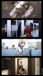 Rule 34 | 4koma, absurdres, apartment, artist request, beer can, can, comic, cubicle, drink can, english text, girls&#039; frontline, glass door, grey hair, griffin &amp; kryuger, griffin &amp; kryuger military uniform, grifon&amp;kryuger, helianthus (girls&#039; frontline), highres, jacket, kalina (girls&#039; frontline), military, military uniform, monocle, necktie, newspaper, office, orange hair, papers, sleeping, suitcase, uniform, unworn jacket, water dispenser, working