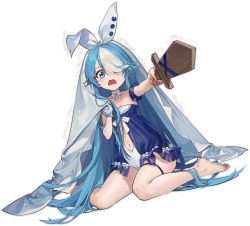 Rule 34 | 1girl, azur lane, barefoot, blue eyes, blue hair, character doll, chips (food), feet, food, long hair, maille-breze (azur lane), maille-breze (the noble knight&#039;s last stand) (azur lane), manjuu (azur lane), navel, official alternate costume, official art, one eye covered, open mouth, scared, sitting, sword, tears, transparent background, vilor, wariza, weapon, wooden sword