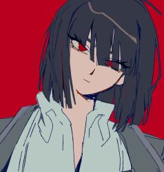Rule 34 | 1girl, black hair, black jacket, bob cut, closed mouth, collared shirt, expressionless, highres, jacket, limbus company, looking at viewer, official art, portrait, project moon, red background, red eyes, ryoshu (project moon), shirt, short hair, simple background, solo, vellmori, white shirt