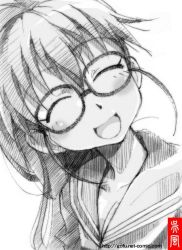 Rule 34 | 1girl, :d, bespectacled, charcoal (medium), female focus, glasses, gofu, greyscale, monochrome, open mouth, ponytail, school uniform, serafuku, sketch, smile, solo, spot color, taneshima popura, traditional media, white background, working!!