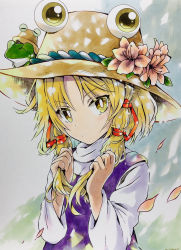 Rule 34 | 1girl, animal, blonde hair, blue background, brown headwear, closed mouth, colored skin, dress, eyes visible through hair, flower, frog, green background, green skin, hair between eyes, hair ornament, hands up, highres, leaf, long sleeves, looking at viewer, marker (medium), moriya suwako, petals, pink flower, purple dress, shirt, short hair, short twintails, solo, touhou, traditional media, twintails, white background, white shirt, wide sleeves, yellow eyes, yuzugoori