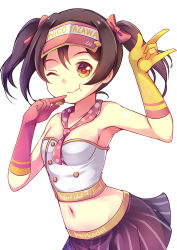 Rule 34 | 10s, 1girl, :t, \m/, asymmetrical gloves, black hair, brown eyes, eating, euforia, gloves, love live!, love live! school idol festival, love live! school idol project, midriff, mismatched gloves, navel, one eye closed, pink gloves, simple background, skirt, solo, twintails, visor cap, white background, yazawa nico, yellow gloves