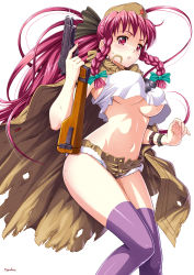 Rule 34 | 1girl, braid, breasts, cape, crop top, crop top overhang, gun, hammer and sickle, handgun, highres, large breasts, long hair, midriff, navel, number10 (hagakure), open fly, original, parted lips, pink hair, pistol, ponytail, short shorts, shorts, side braid, solo, thighhighs, trigger discipline, twin braids, underboob, unzipped, weapon, weapon request, white background