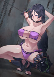 Rule 34 | 1girl, arm guards, armlet, armor, armpits, arms behind head, arms up, bare shoulders, bikini, breasts, cero320, chain, choker, cleavage, collarbone, eyepatch bikini, fate/grand order, fate (series), greaves, highres, large breasts, long hair, looking at viewer, minamoto no raikou (fate), minamoto no raikou (fate/grand order), minamoto no raikou (swimsuit lancer) (fate), parted bangs, purple bikini, purple eyes, purple hair, sandals, single thighhigh, squatting, swimsuit, thighhighs, very long hair