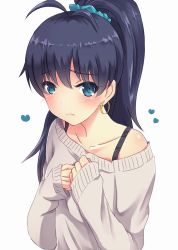 Rule 34 | 1girl, antenna hair, aqua eyes, bad id, bad pixiv id, black hair, blush, collarbone, earrings, ganaha hibiki, hands on own chest, heart, hoop earrings, idolmaster, idolmaster (classic), jewelry, looking at viewer, mini39mame, ponytail, revision, sleeves past wrists, solo, sweater, upper body