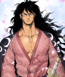 Rule 34 | 1boy, abs, aged up, artist name, black hair, closed mouth, highres, japanese clothes, katana, kimono, kouzuki momonosuke, long hair, looking at viewer, male focus, one piece, open clothes, solo, suyohara, sword, traditional clothes, v-shaped eyebrows, weapon
