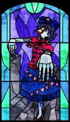 Rule 34 | 1girl, bad id, bad pixiv id, faceless, faux traditional media, female focus, hat, highres, jiangshi, koutyousan, miyako yoshika, no mouth, no nose, ofuda, purple hair, short hair, solo, stained glass, star (symbol), touhou