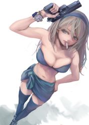 Rule 34 | 1girl, arm up, bad id, bad pixiv id, bikini, bikini skirt, black thighhighs, blonde hair, breasts, breasts squeezed together, cigarette, cleavage, from above, grey eyes, gun, hairband, hand on own hip, handgun, highres, koh (minagi kou), large breasts, long hair, midriff, navel, original, pistol, sarong, sig sauer, simple background, solo, swimsuit, thighhighs, undersized clothes, watch, weapon, wristwatch, zettai ryouiki