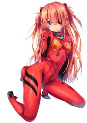 Rule 34 | 10s, 1girl, blue eyes, blush, bodysuit, breasts, duct tape, enjin-san (ekon), evangelion: 3.0 you can (not) redo, eyepatch, full body, hair ornament, hand on own ass, kneeling, legs apart, long hair, looking at viewer, mokoke, neon genesis evangelion, orange hair, parted lips, pilot suit, plugsuit, rebuild of evangelion, simple background, small breasts, solo, souryuu asuka langley, turtleneck, two side up, white background